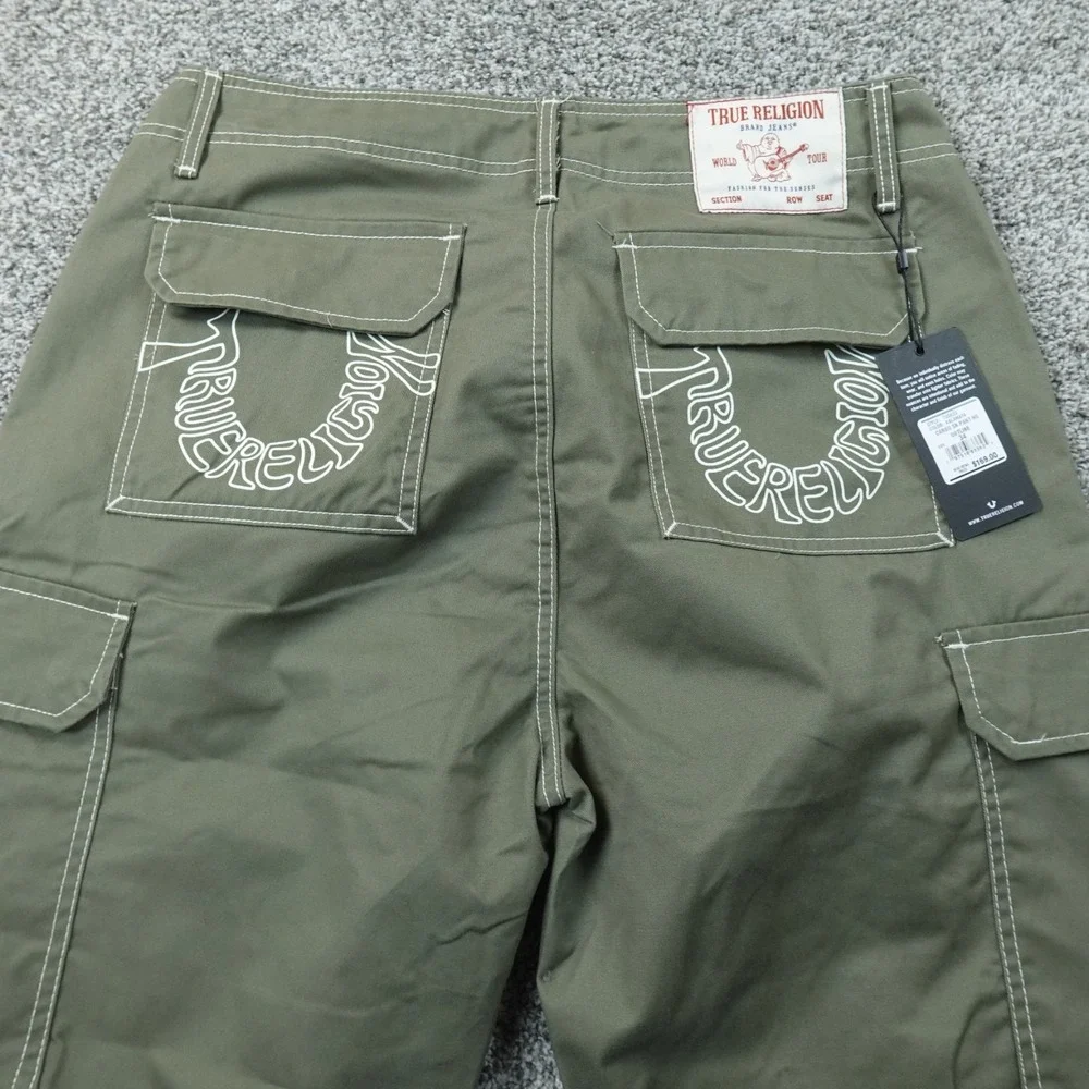 NEW True Religion Pants Mens 34X32 Green Cargo Baggy White Contrast Stitch Y2K